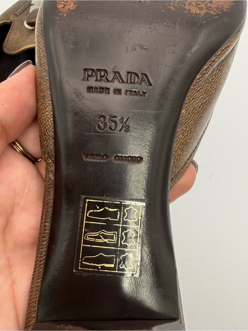 Vintage Prada Bronze Brown Leather Kitten Heel Mule Slides Sz 35.5 Made in Italy - Picture 10 of 17